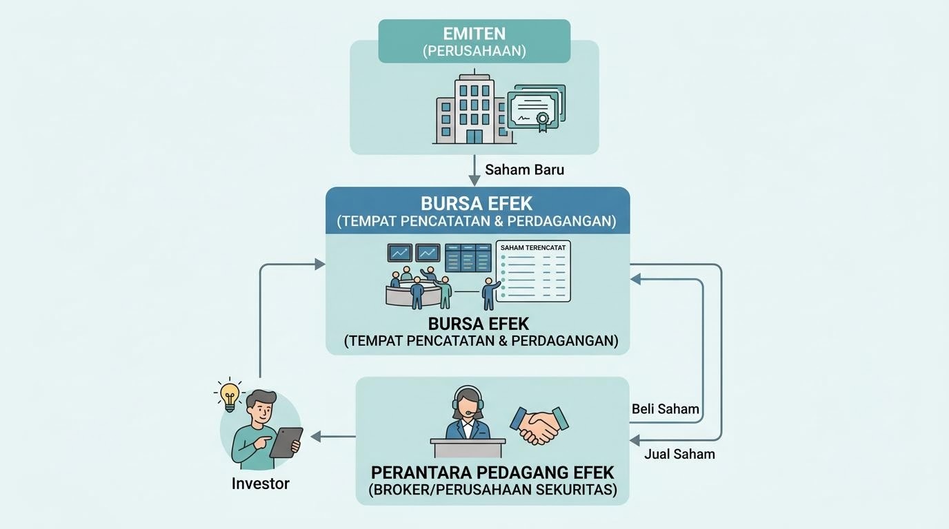 Ilustrasi struktur bursa efek dan alur perdagangan saham di IDX